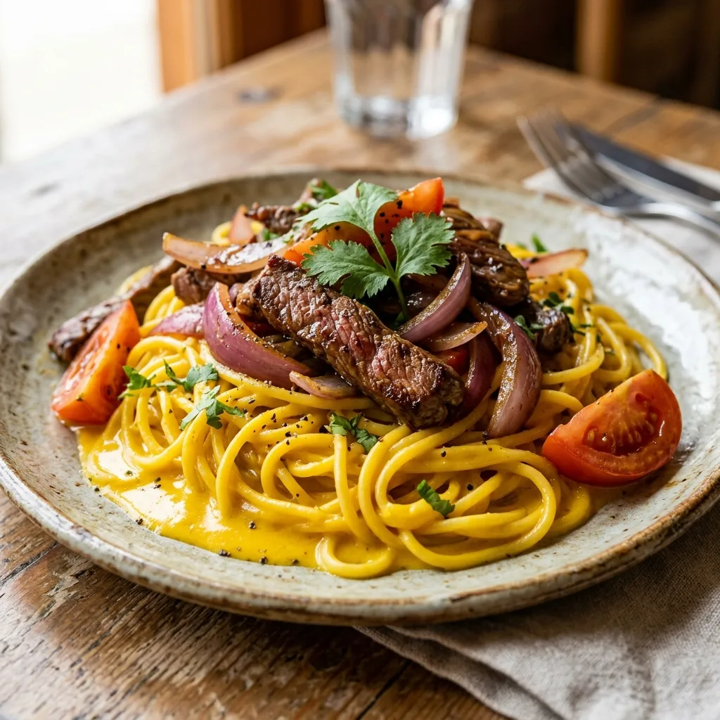 Tallarines a la Huancaína con Lomo Saltado